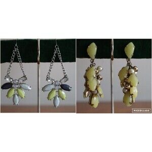 Lot 2x Rhinestone Crystal Bead Yellow Blue Faux Pearl Earrings Hook Clip Cluster